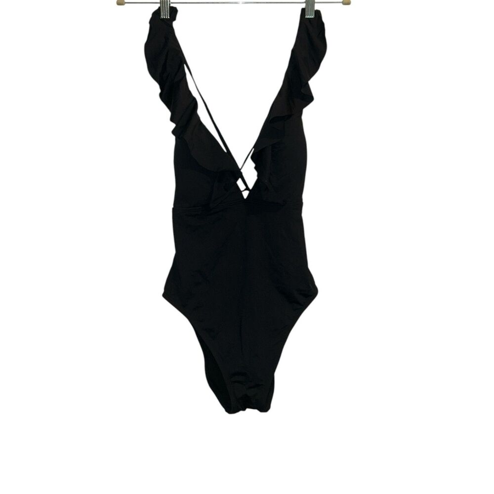 Kona Sol Black Ruffle Plunge One Piece Swimsuit Size Small